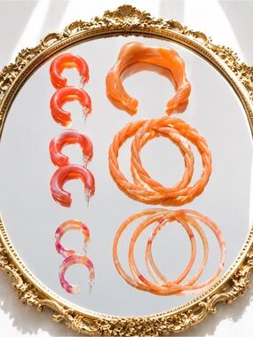 Summer Orange Resin Bracelet Set — Layered Braided & Marbled Bangles